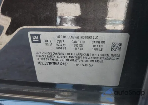 2014 Chevrolet Sonic Lt Auto z USA, uszkodzony, nr VIN 1G1JC5SH7E4212107